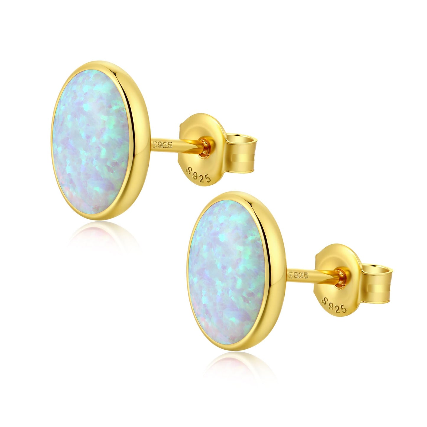JiayangJY White Fire Opal Stud Earrings for Women 18K Yellow Gold Plated Sterling Silver Oval Shape 7mm Opal Earrings with Push Back