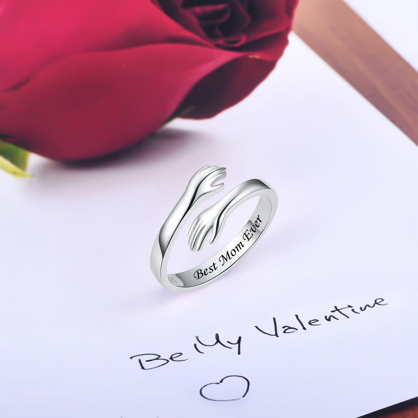 ACJFA Hug Rings for Women Sterling Silver Adjustable Ring Thumb Ring Birthday Mother Gifts Jewelry(Best Mom Ever)