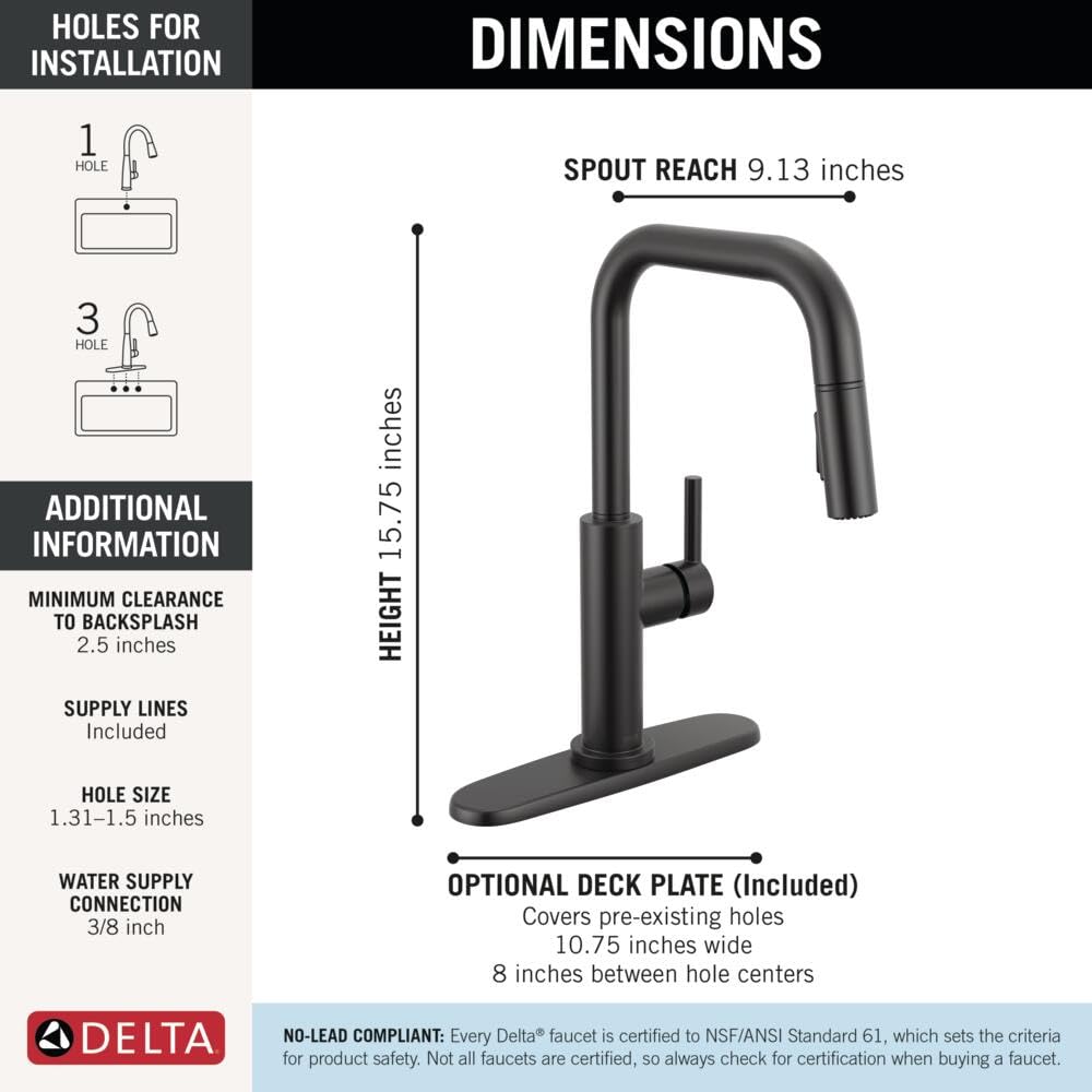 Delta Nicoli U-Spout Kitchen Faucet with Pull Down Sprayer, Modern Single Hole, Matte Black 19868LF-BL