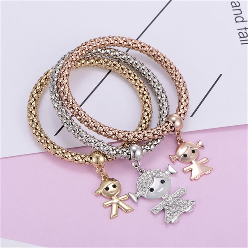SILANER Crystal Charms Multilayer Bracelets - 3PCS Gold/Silver/Rose Gold Corn Chain Bracelet for Women, Tree of Life Heart Shaped Stretch Bracelet (Mom and Daughter)