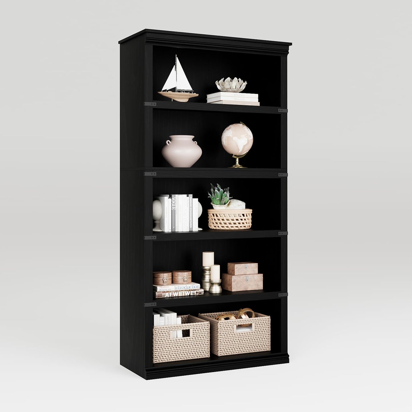 5 Tier Bookcase, Farmhouse Book Shelf with Storage Open Display Bookshelves, 67.4" Tall Book Case Wooden 5 Shelf Bookcase Home Decor Furniture for Home Office, Living Room, Bed Room - Black
