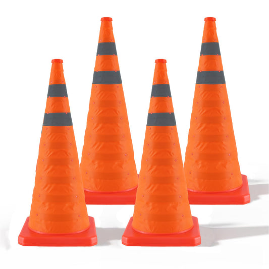 Jade Butterfly 28 Inch 4 Pack Collapsible Traffic Safety Cones, Orange Cones with Reflective Collar, Portable Multipurpose Traffic Cones for Parking Construction Driving Training Sports Practice