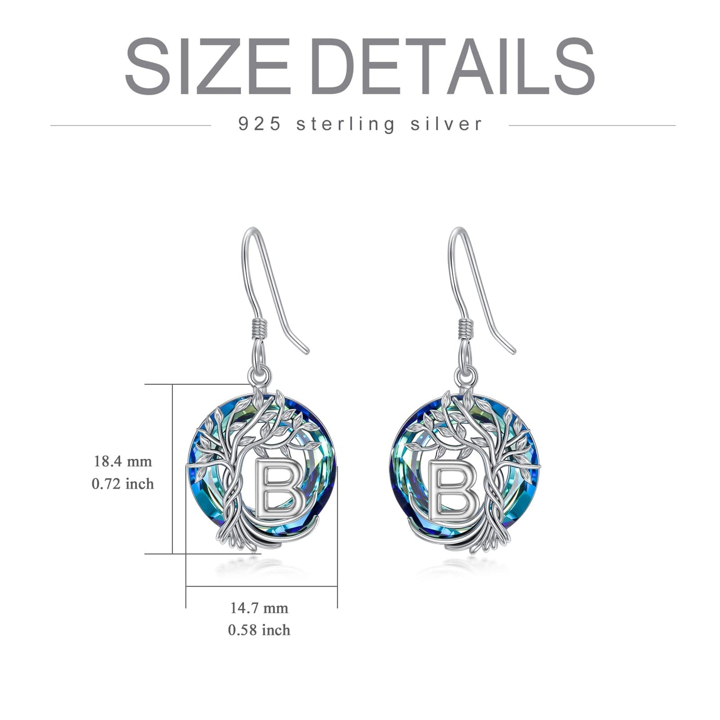 TOUPOP Tree of Life Initial Earrings Sterling Silver Initial B Letter Drop Dangle Earrings Blue Circle Crystal Family Tree Jewelry Birthday Mothers Day Gifts for Women Mom Her