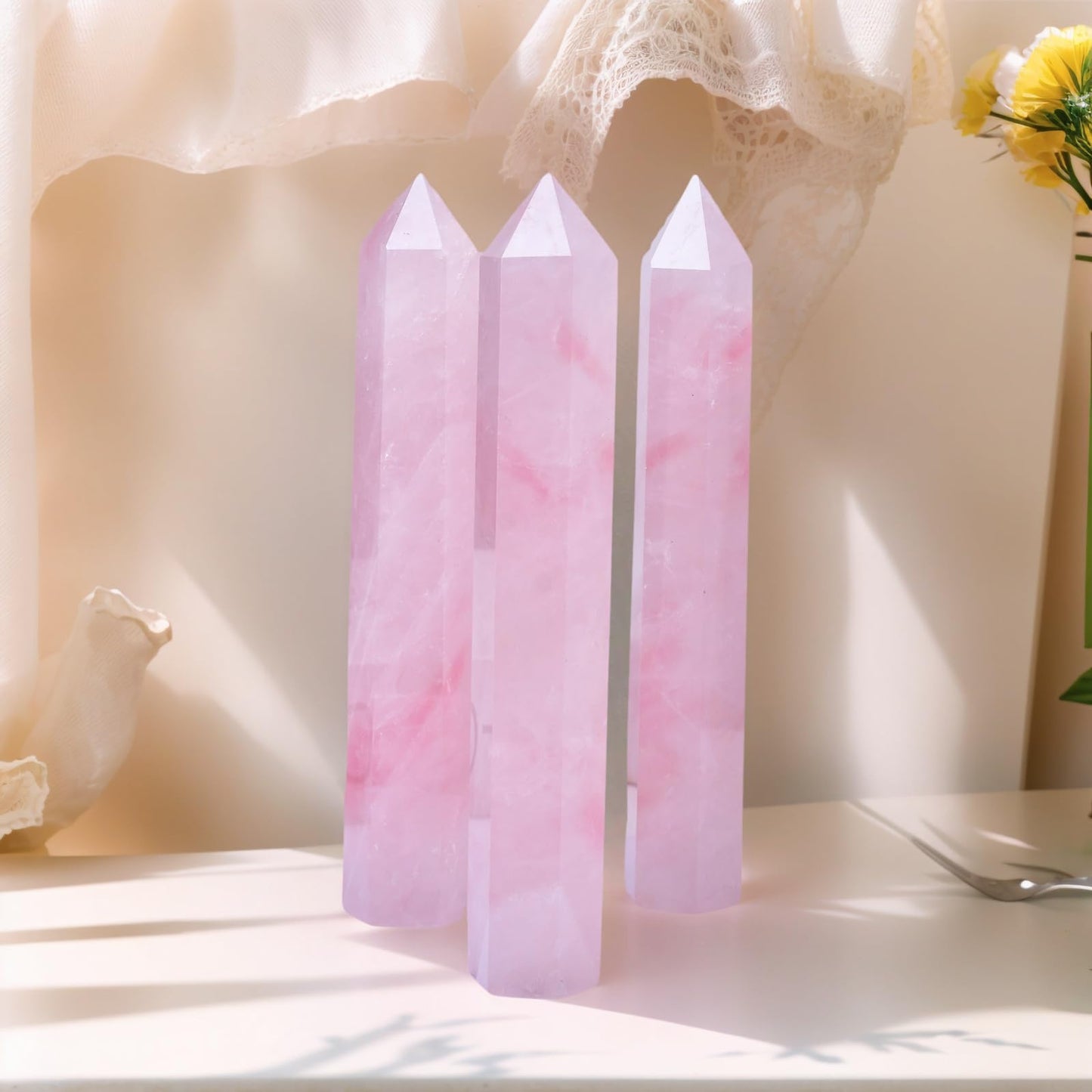 RUIJINGYUAN Rose Quartz Crystal Tower 6-6.3" - 6 Faceted Single Point Crystal Wand for Chakra, Reiki, Meditation & Energy Healing Home Decor Gift