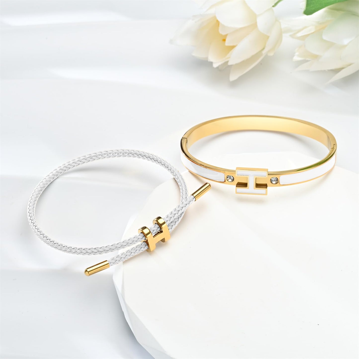 Hothink H Bracelets for Women,H Bangle and H Wire Rope Bracelet Set,Dainty 18K Gold Plated Bracelets Set for Christmas Mothers Day Gifts for Women (Gold-White)