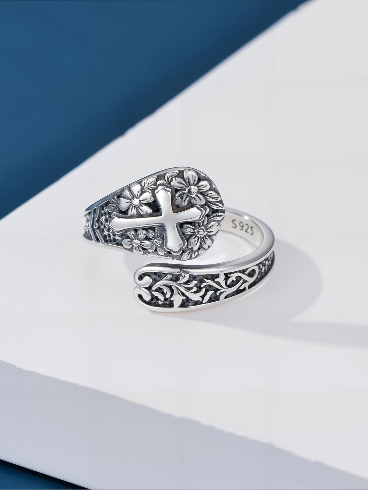 Midari Spoon Rings for Women 925 Sterling Silver Cross Flower Rings Adjustable Oxidized Vintage Flower Faith Finger Thumb Rings Cross Flower Faith Jewelry for Women Daughter Birthday Christmas Gifts