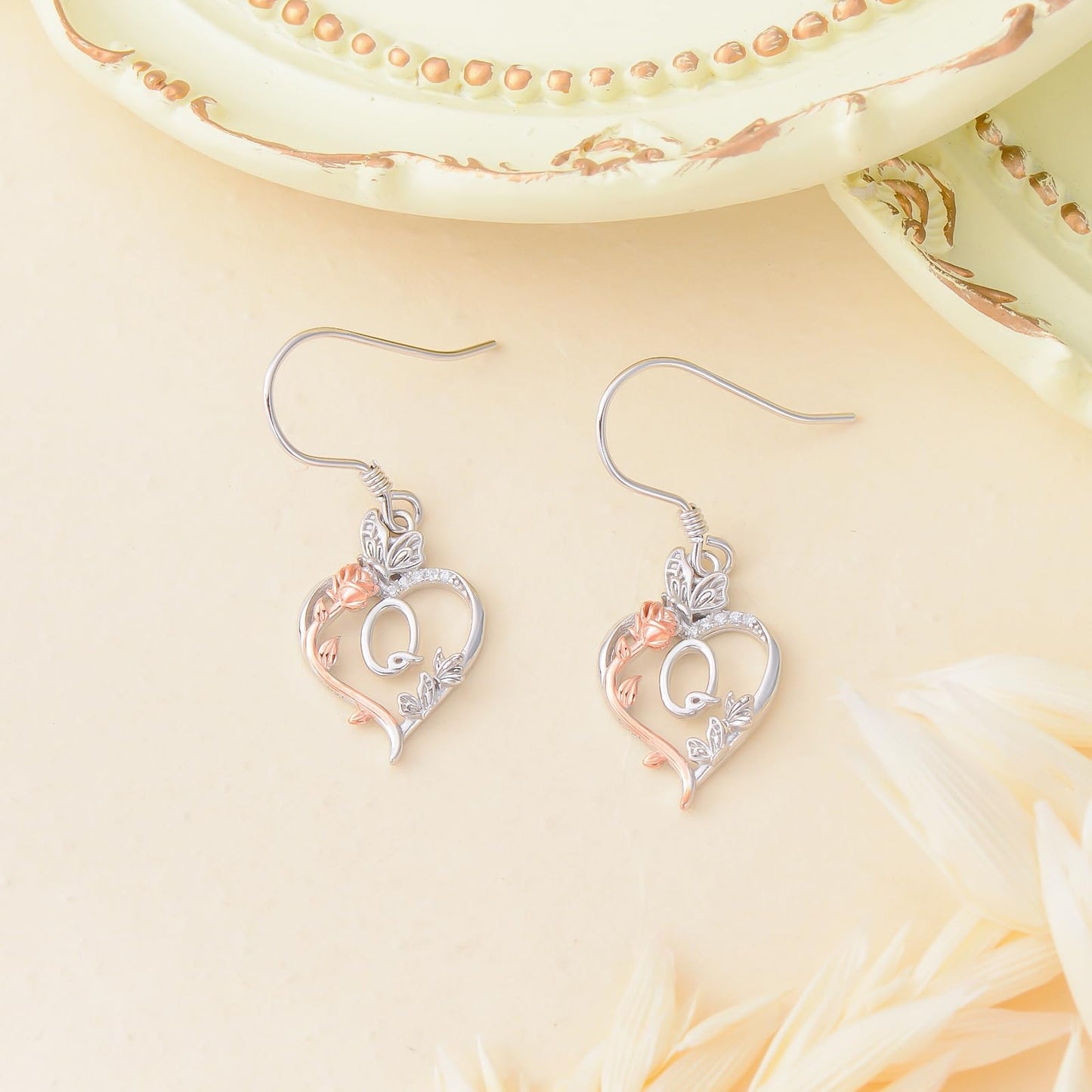 TOUPOP Rose Heart Initial Earrings Sterling Silver Butterfly Earring Initial Q Letter Drop Dangle Earrings Jewelry Anniversary Birthday Mothers Day Gifts for Women Mom Wife Girlfriend Her