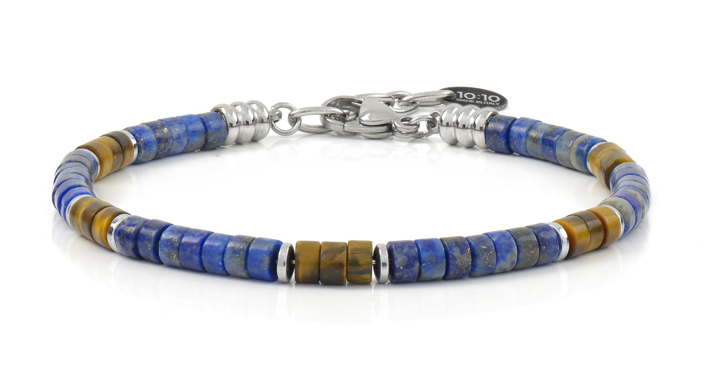 10:10 Beaded Bracelet for Men and Women – Natural Gemstone Bracelet and Stainless Steel – Adjustable, Durable and Elegant – Made in Italy (Lapis Lazuli - Tiger's Eye)