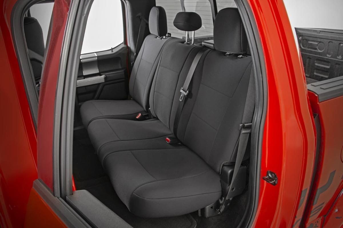 Rough Country Neoprene Seat Covers for Ford F-150, Lightning, F-250 & F-350 Crew Cab (2015-2025) w/FR Bucket Seat - Front & Rear Seat Cover Set, Waterproof, UV Resistant, Foam Padded