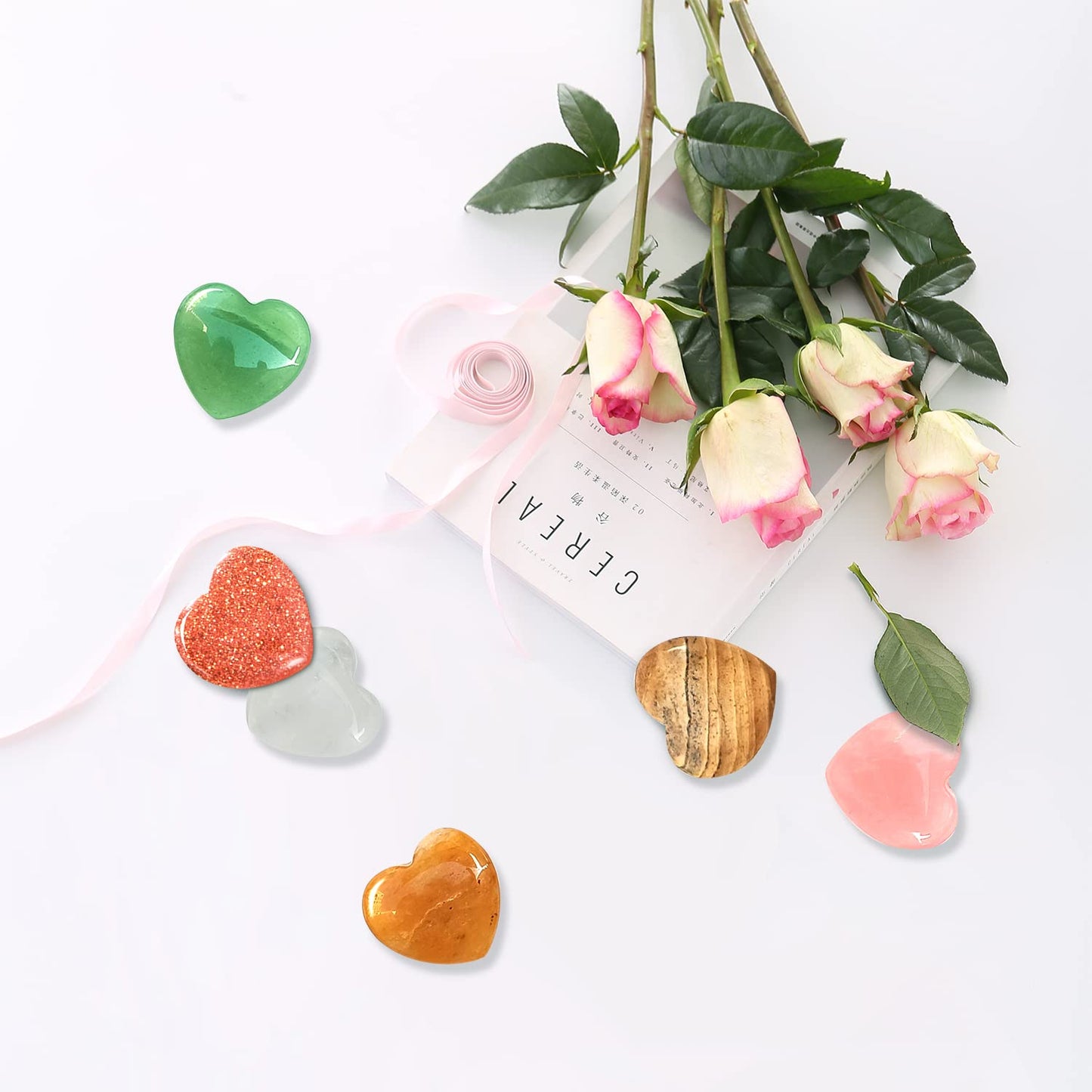10 PCS Healing Crystals Bulk Natural Stone Heart Shape Amethyst Rose Quartz Tiger Eye Clear Quartz Obsidian Pocket Palm Thumb Gemstone Decor for Garden, Lawn, Flowerpot