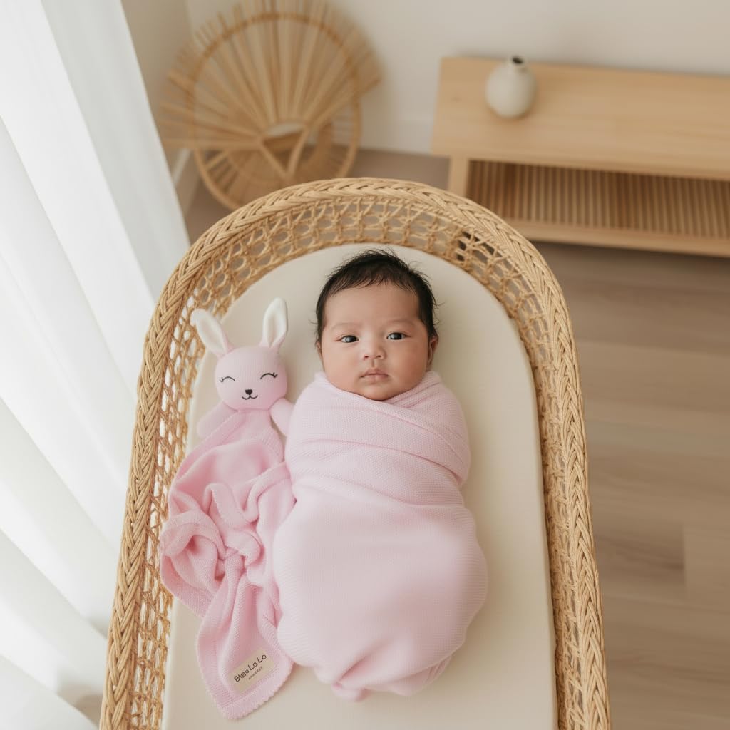 Bleu La La Baby Gift Set - Organic Cotton Newborn Blanket and Lovey Security Blanket Set, Thoughtful Baby Shower & New Baby Gift for Boys & Girls (Lovey - Bunny - Pink)