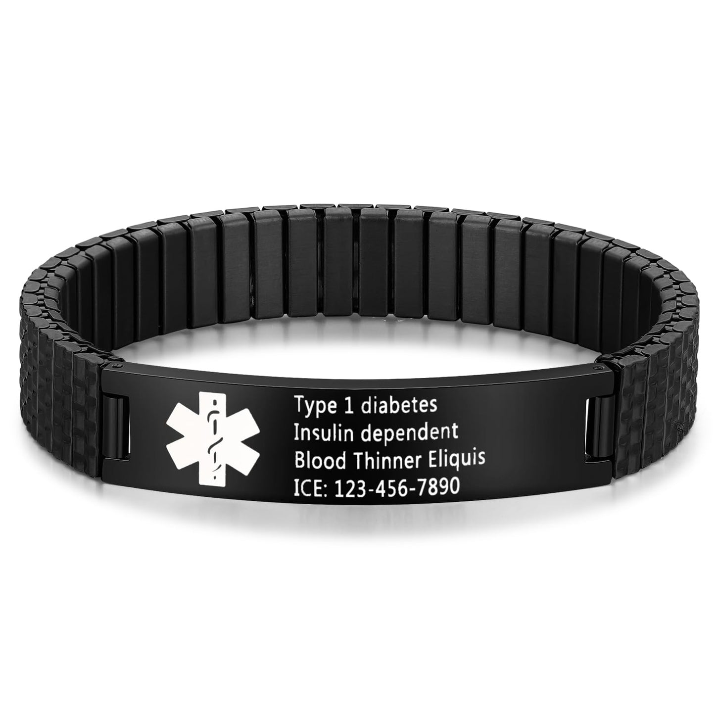 Bijouweled Medical Alert Bracelet for Women Men 7.5 to 9.8 Inches Emergency ID Bracelets Free Engraving Personalized Medic Alert Bracelet for Adult (Black 7.3inch stretchable)