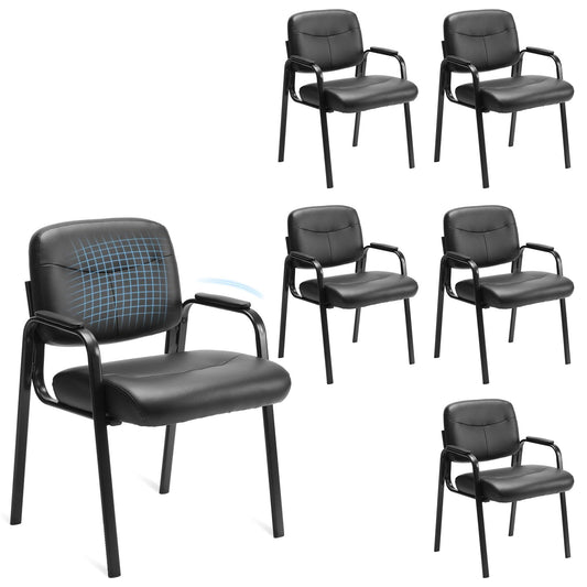 Sweetcrispy Office Reception Guest Chair No Wheels Set of 6, Leather Stationary Waiting Room Chairs with Padded Arms for Elderly Desk Conference Room Lobby Table Side Salon