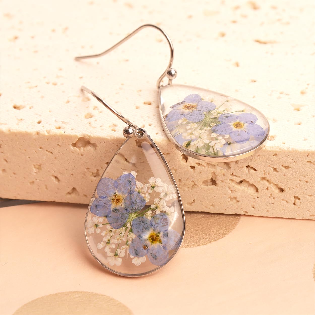 JeanBeau Handmade Pressed Flower Earrings for Women, Forget-Me-Not Queen Anne's Lace Wildflower Blue Nature Dried Flowers Silver Teardrop Dangle Drop Statement Floral Earings Jewelry Gift