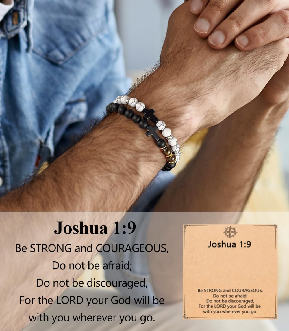 CASDAN 9Pcs Cross Prayer Bracelets for Men 8mm Christian Easter Basket Stuffers Cross Beaded Bracelet Inspirational Faith Based Religious Jesus Bracelets Gifts