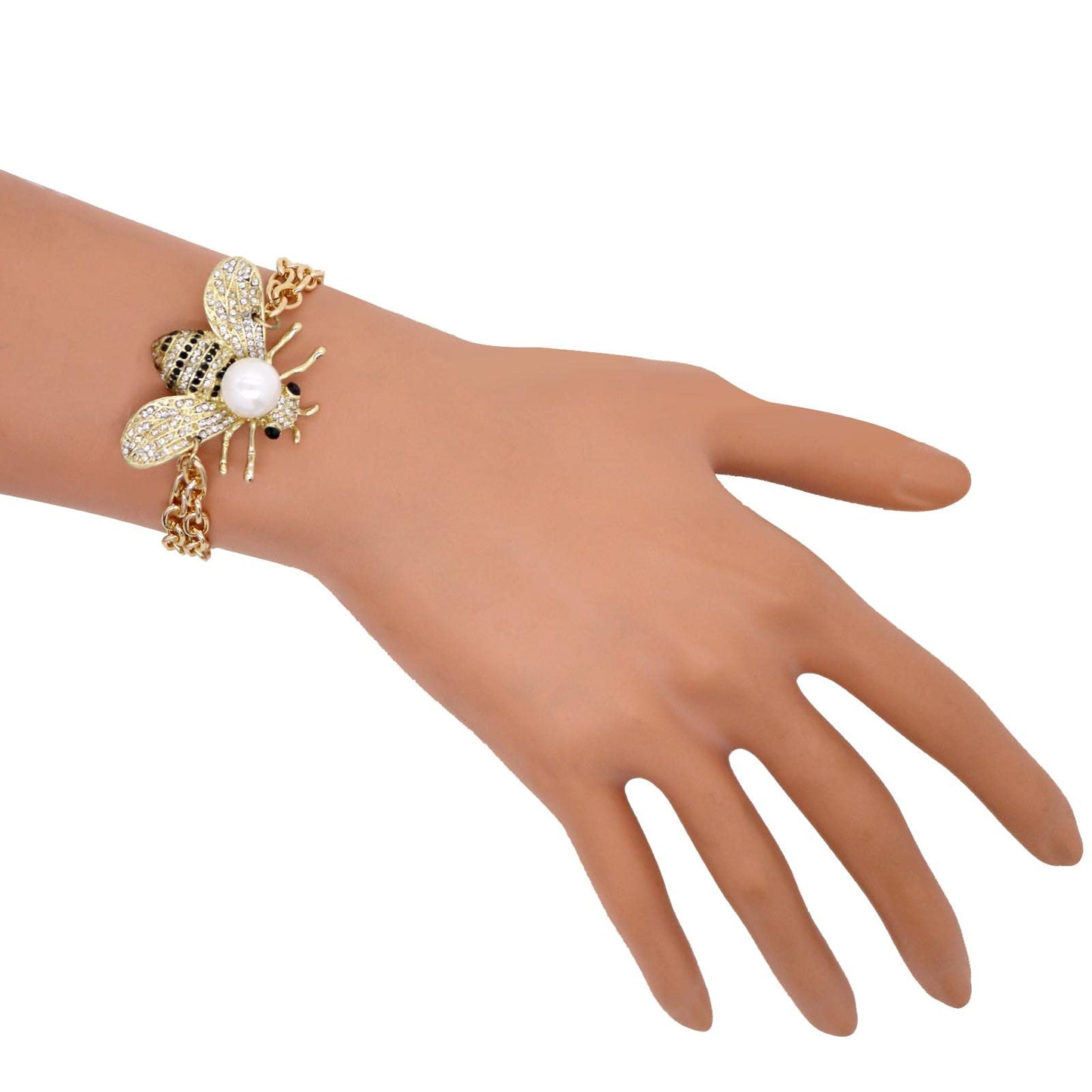 Honey Bee Turquoise Beaded Bracelet Crystal Insect Themed Bee Chain Link Bracelets Animal Fashion Shell Pearl Elastic Bracelets Gold Tone (White Pearl Chain)