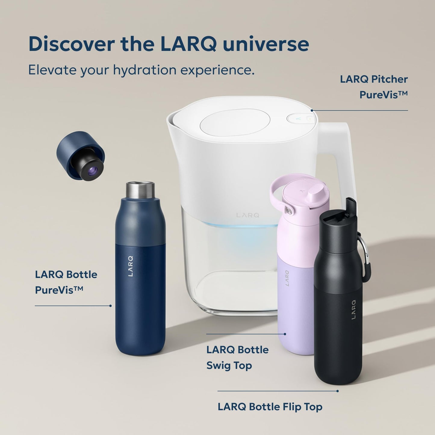 LARQ PureVis 2 Self Cleaning Water Bottle - UV Water Purifier with Filter Straw, Smart App Hydration Tracking, Insulated Stainless Steel - Granite White, 23 Oz