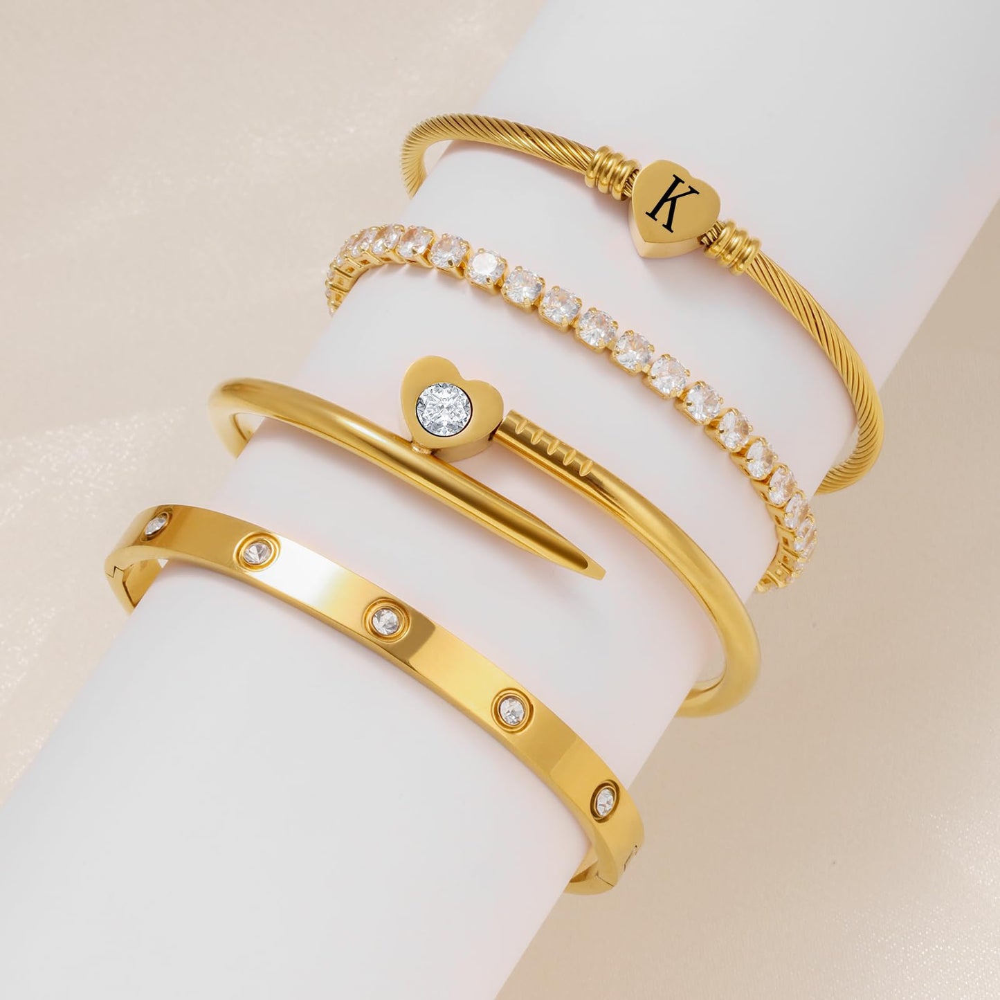 MEIERYA18K Gold Plated Nail love Bangle Bracelet Set for Women,Cubic Zirconia,Adjustable tennis bracelet Trendy Gift Jewelry for Mother's Day Anniversary (09-Style-K)