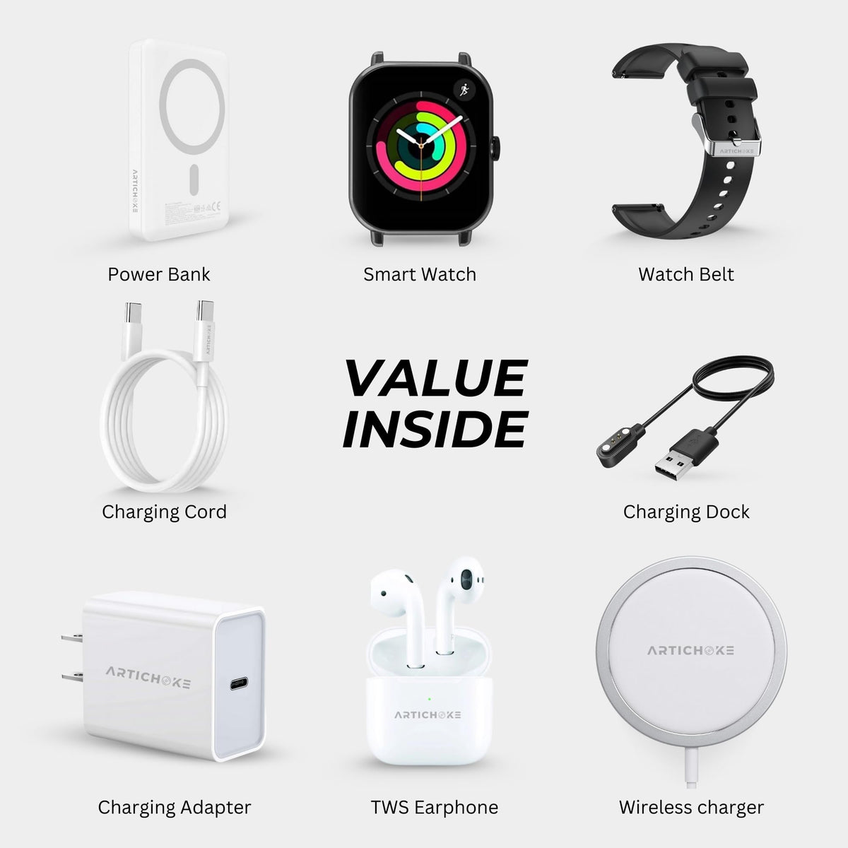 Artichoke 6 in 1 Accessories Gift Set Power Bank 5000 Smart Watch TWS Earphones Accessories Birthday Gifts Boyfriend Tech Gadgets Regalos para Hombre Travel Men Women Him Her