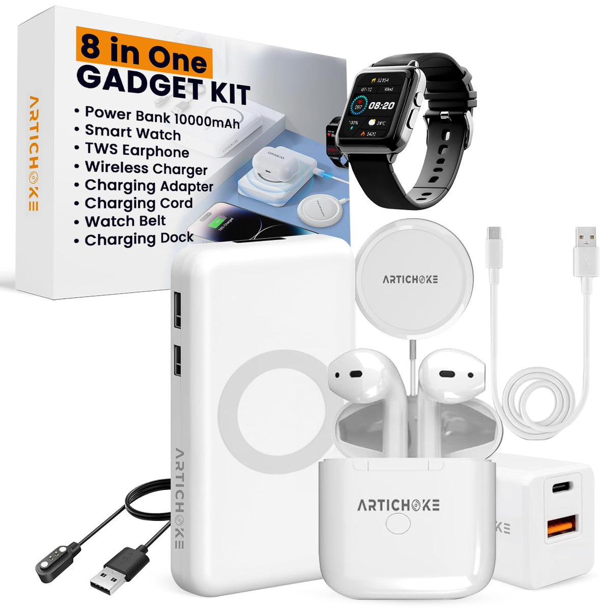 Artichoke 6 in 1 Accessories Gift Set Power Bank 5000 Smart Watch TWS Earphones Accessories Birthday Gifts Boyfriend Tech Gadgets Regalos para Hombre Travel Men Women Him Her