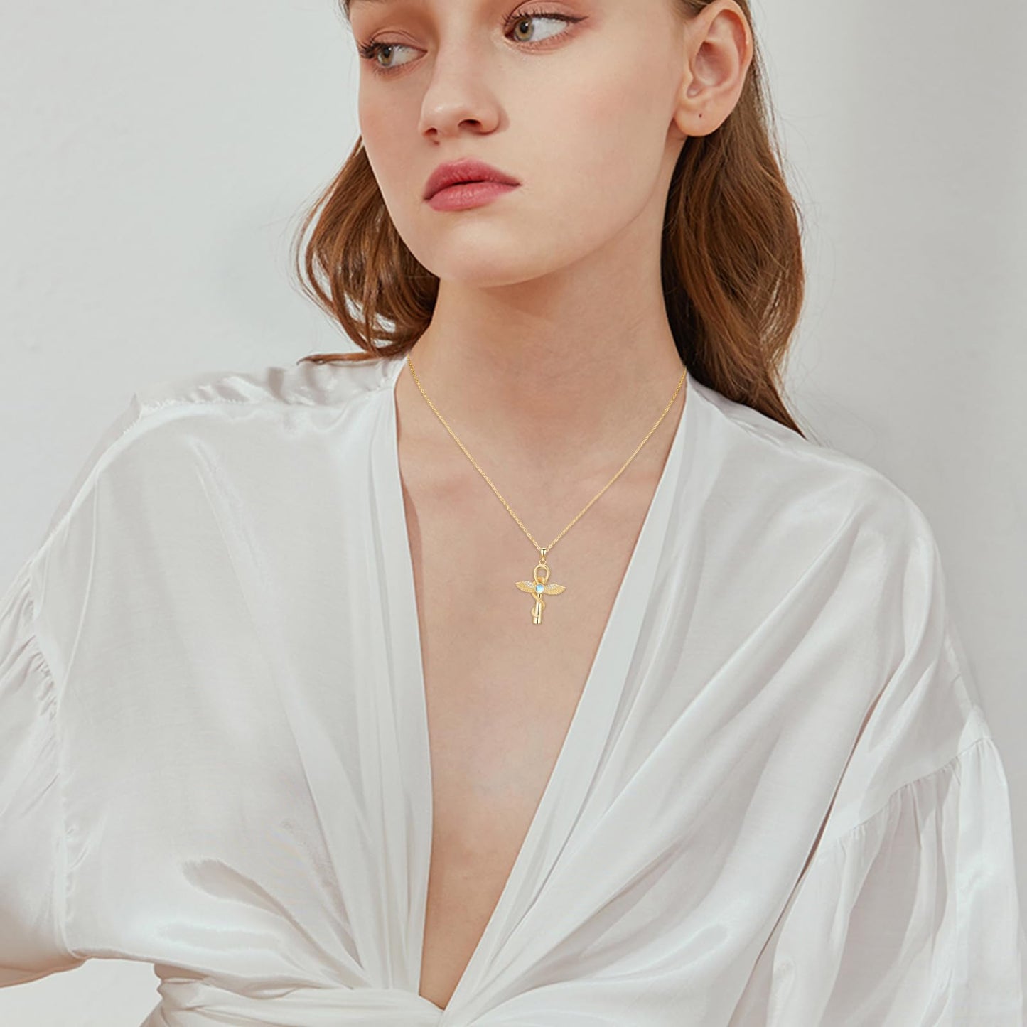 YEESIA Cross Necklace for Men Women, 925 Sterling Silver, Gold Anka Cross Pendant Necklace with Moonstone, Egyptian Protective Jewelry Gift for Men Women