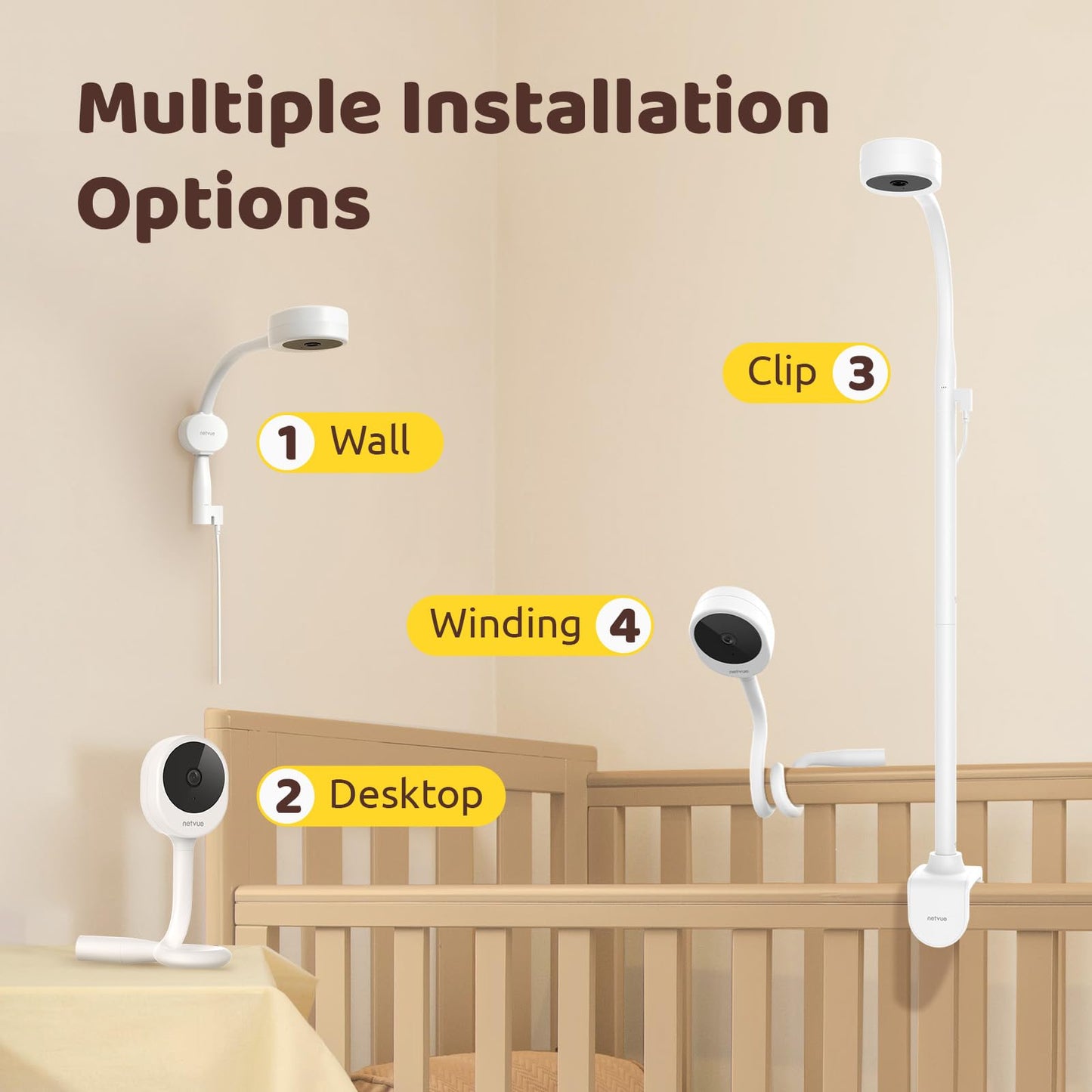 NETVUE Peekababy Baby Camera with Wireless Audio, Adjustable Crib Mount Monitor, Works via 2.4GHz Wi-Fi for Wide Coverage & Stable Connection, Smart App, Two-Way Talk (White)