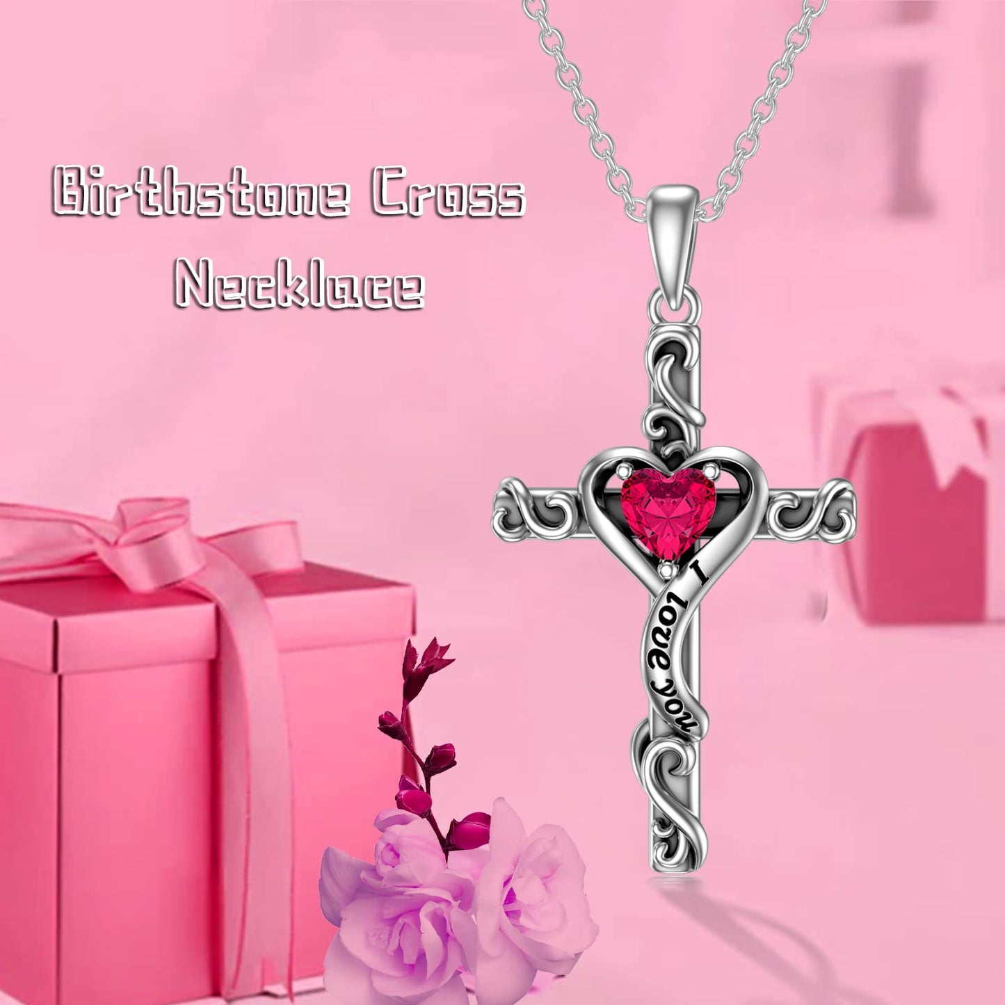 TOUPOP Ruby Cross Necklace for Women Sterling Silver July Birthstone Cross Pendant Necklace Heart Love Jewelry for Her Girlfriend Wife Mom Anniversary Birthday Mothers Day Gifts