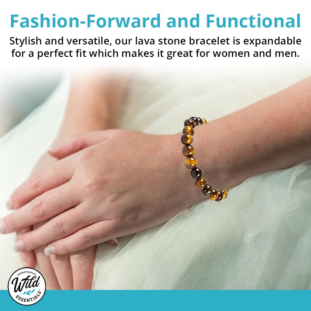 Wild Essentials Tiger Eye and Lava Stone Bracelet, Expandable up to 8 inches, Aromatherapy Jewelery for Women, Men, Esssential Oil Diffuser, Grounding Calming Strength Confidence