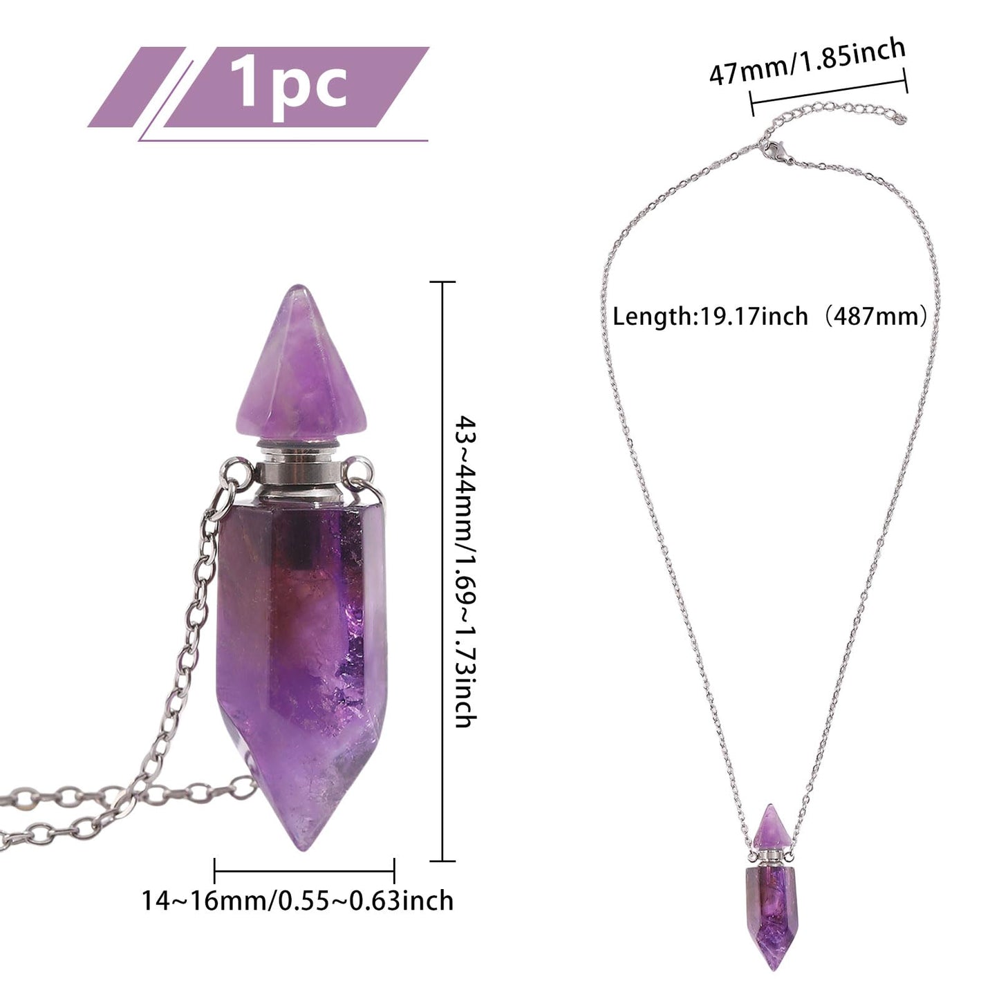 CONCHLERY Perfume Bottle Necklace Natural Stone Essential Oil Diffuser Perfume Bottle Pendant with Alloy Chain for Womens Vial Pendant Necklace Jewelry Unique Gift, Purple