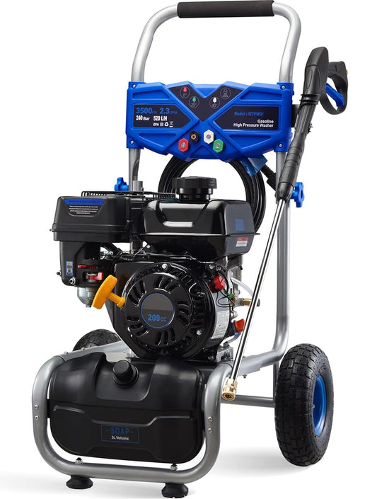 MUTAOMAY 3500PSI Gas Pressure Washer, 2.3GPM Gas Powered High Pressure Washer with 209CC Engine, 4 Adjustable Nozzles, 25 ft High Pressure Hose for Cleaning Walls, Terraces, Vehicles, Garden (Blue)