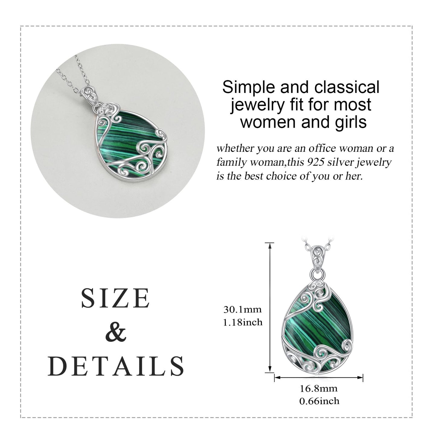 YAFEINI Malachite Necklace for Women 925 Sterling Silver Filigree Teardrop Pendant Necklace Jewelry for Women (TT-Malachite Filigree Necklace)