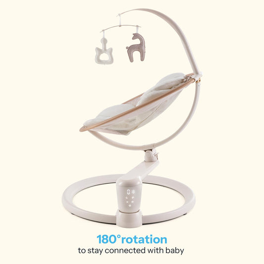 HARPPA Weddell Signature Baby Electric Swing for Newborns and Infants, Elevated Eye-Level Seat, 180° Rotation with Dual Motion, 5-Point Harness, 5 Speeds & Remote Control, Beige