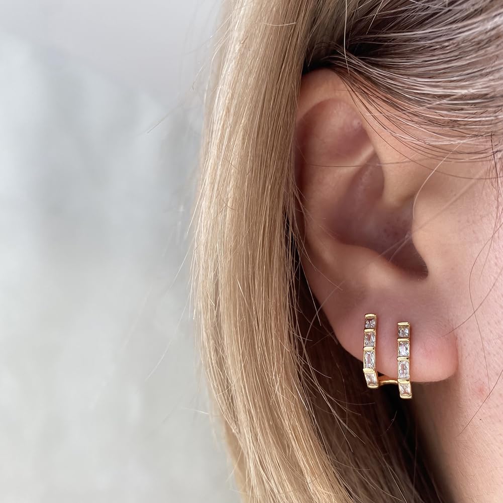 Obidos Double Faux Diamond Baguette Illusion Mini Huggie Earrings | 14K Gold Plated Huggie Small Hoop Earrings for Women | Boho Simple Hypoallergenic Earrings