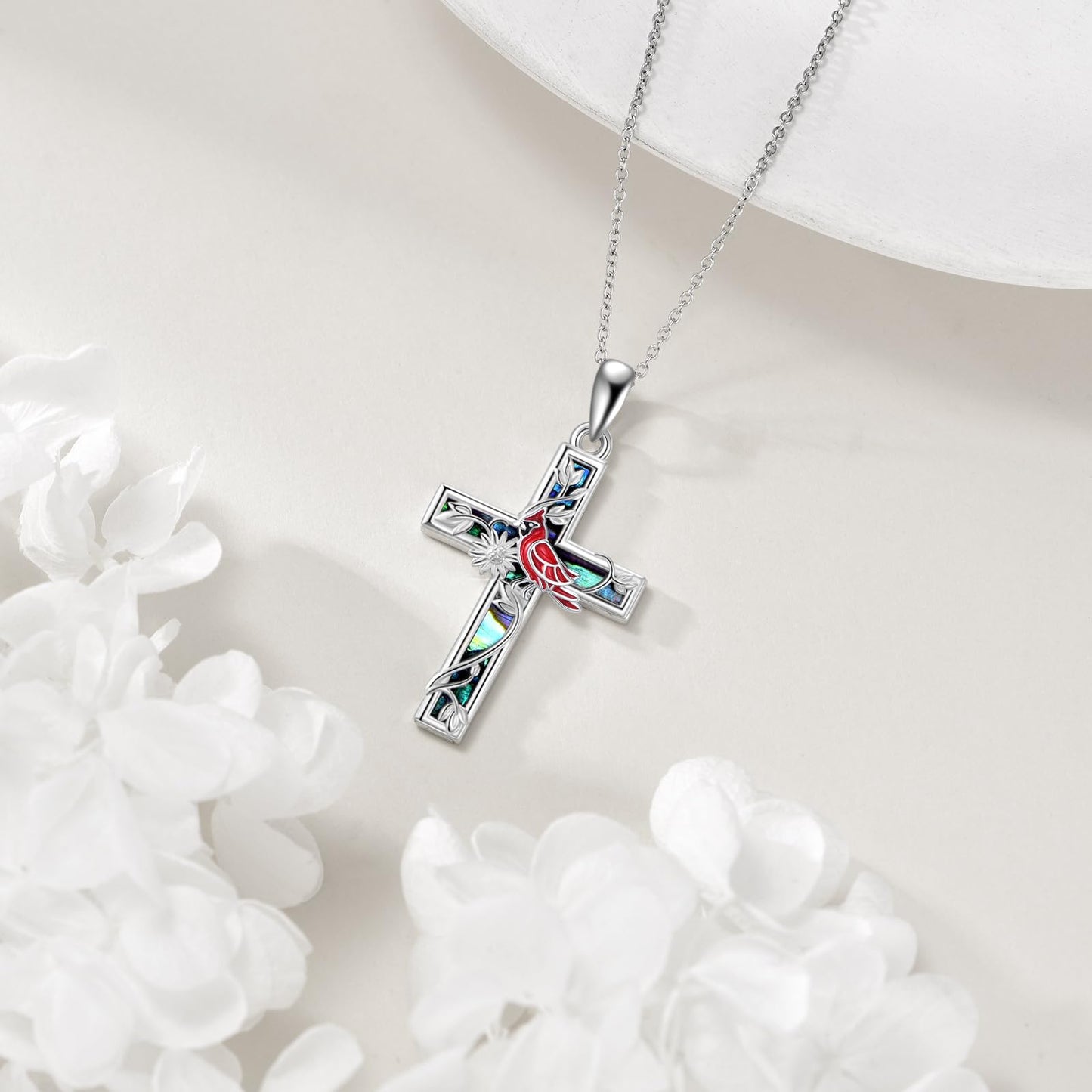 YFN Sunflower Cross Necklace Sterling Silver Red Cardinal Cross Pendant Abalone Shell Jewelry Religious Christian Baptism Gifts for Her Women