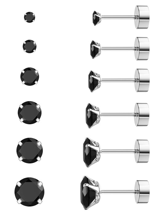 6 Pairs Hypoallergenic Cubic Zirconia Earrings Surgical Steel Flat Back Studs for Cartilage, Screw Back Fashion Jewelry
