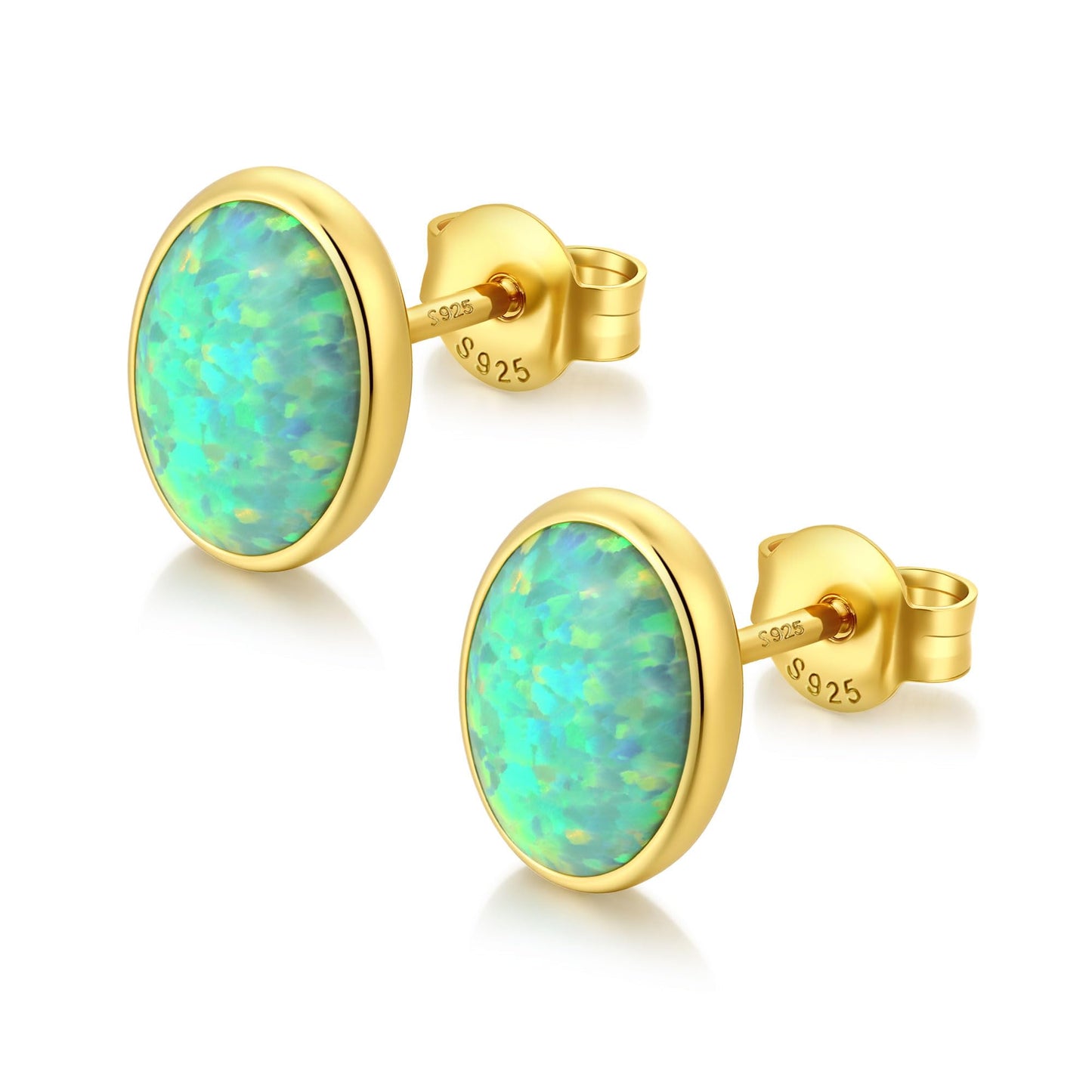 JiayangJY Silver Green Fire Opal Stud Earrings for Women 18K Yellow Gold Plated Sterling Silver Oval Shape 5mm Opal Earrings with Push Back
