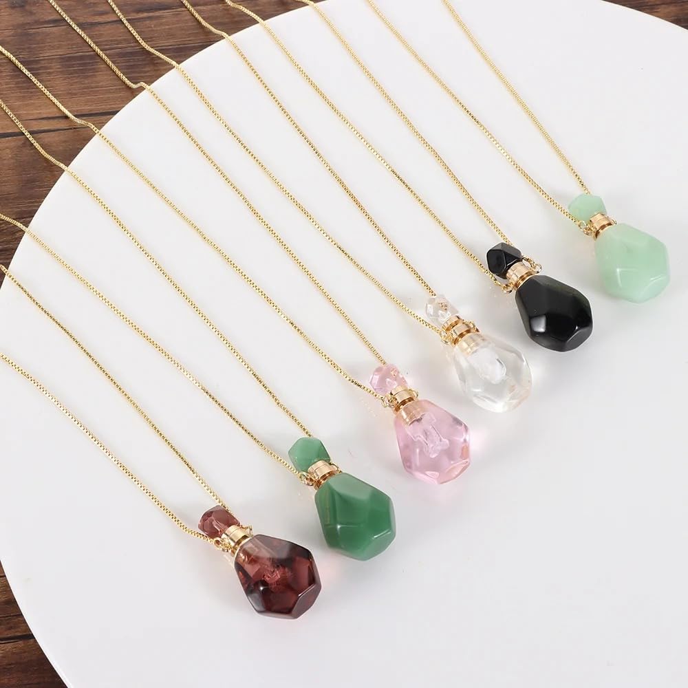 925 Sterling Silver Essential Oil Necklace For Women And Men, 14K Gold Filled Natural Stone Round Perfume Bottle Necklace, Essentials Oil Diffuser Vial Necklace (2 - Essential Oil Necklace)