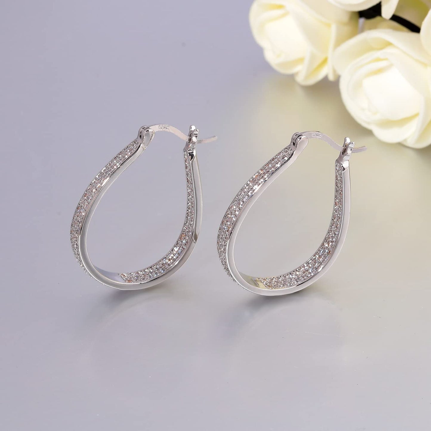 CiNily 925 Sterling Silver Post Big White Cubic Zirconia Hoop Earrings for Women Large Oval Chunky Hoop Earrings 14K White Gold Plated Gemstone Earrings