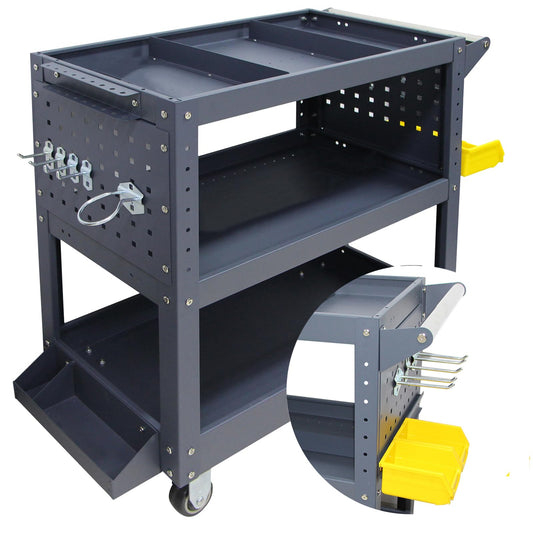 Mechanics Cart, 500 lbs Capacity, 31.5"x29"x15", Rolling Tool Cart with 4 Dividers, Mesh Panels & Hanging Tray for Garage & Jobsite