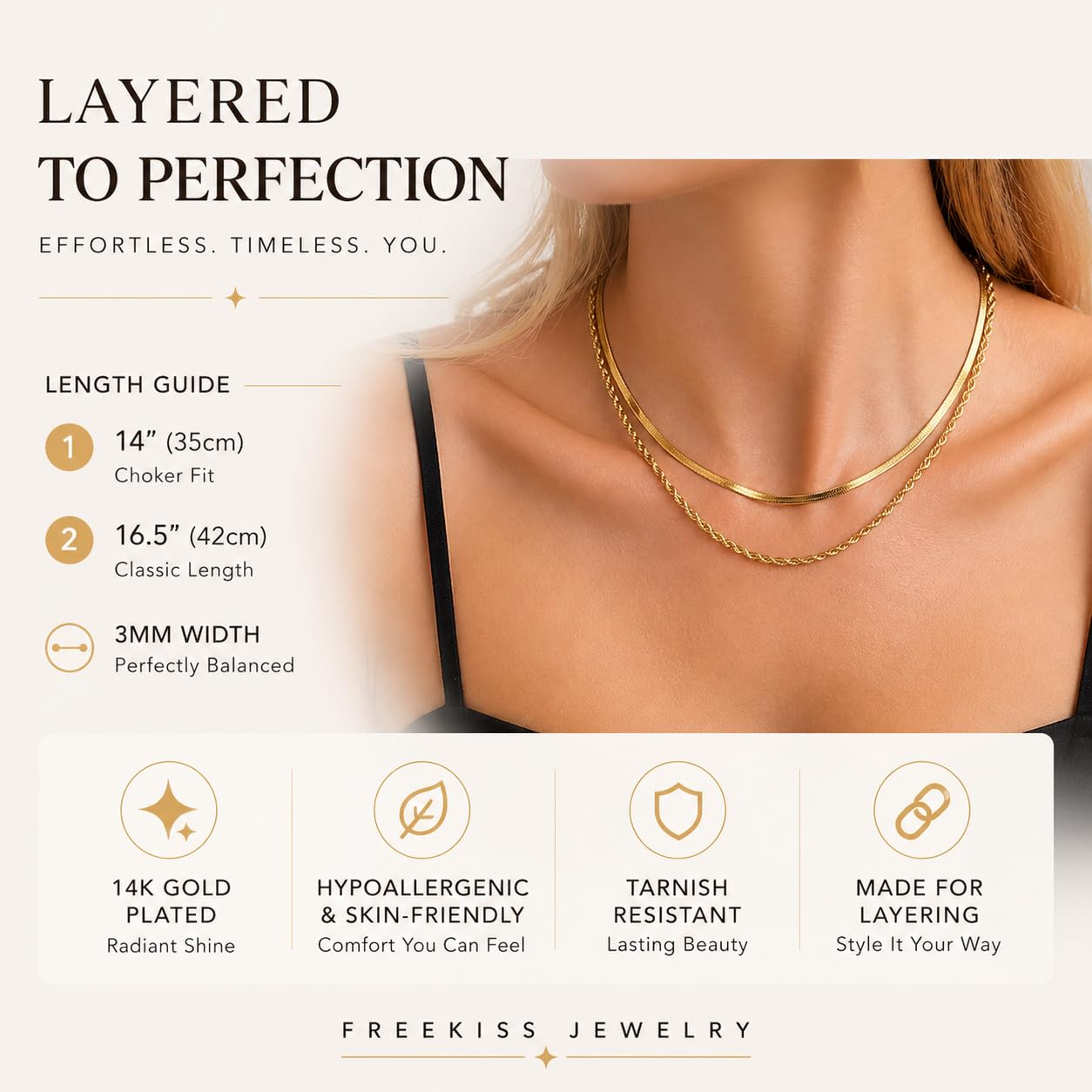 Freekiss Herringbone Necklace for Women,Dainty Snake Chain Necklace,14k Gold Plated Rope Necklace,Simple Layered Necklaces Jewelry Gift Women