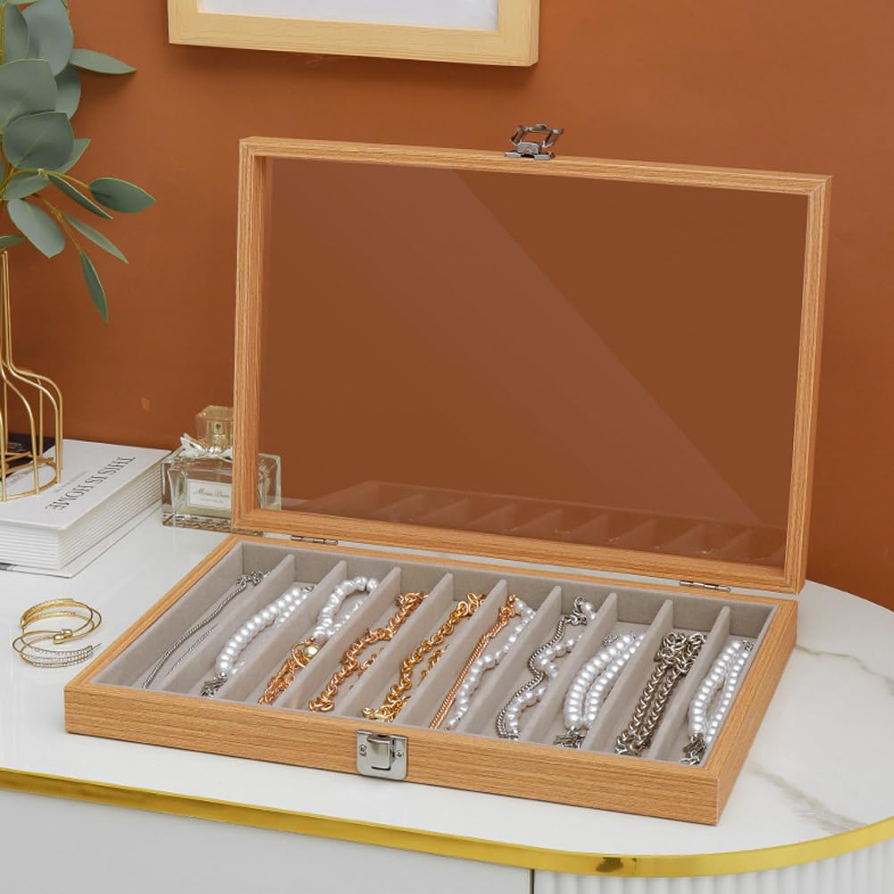 MIOINEY Glass Lid Necklace Organizer Box Transparent Necklace Holder Organizer Velvet Necklace Display Box Clear Lid Jewelry Storage Stackable Necklace Display Case for Women Girls (Style A)