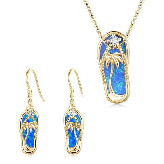 Midir&Etain 14K Gold Plated Beach Themed Jewelry – Blue Opal Flip Flops Necklace and Earrings
