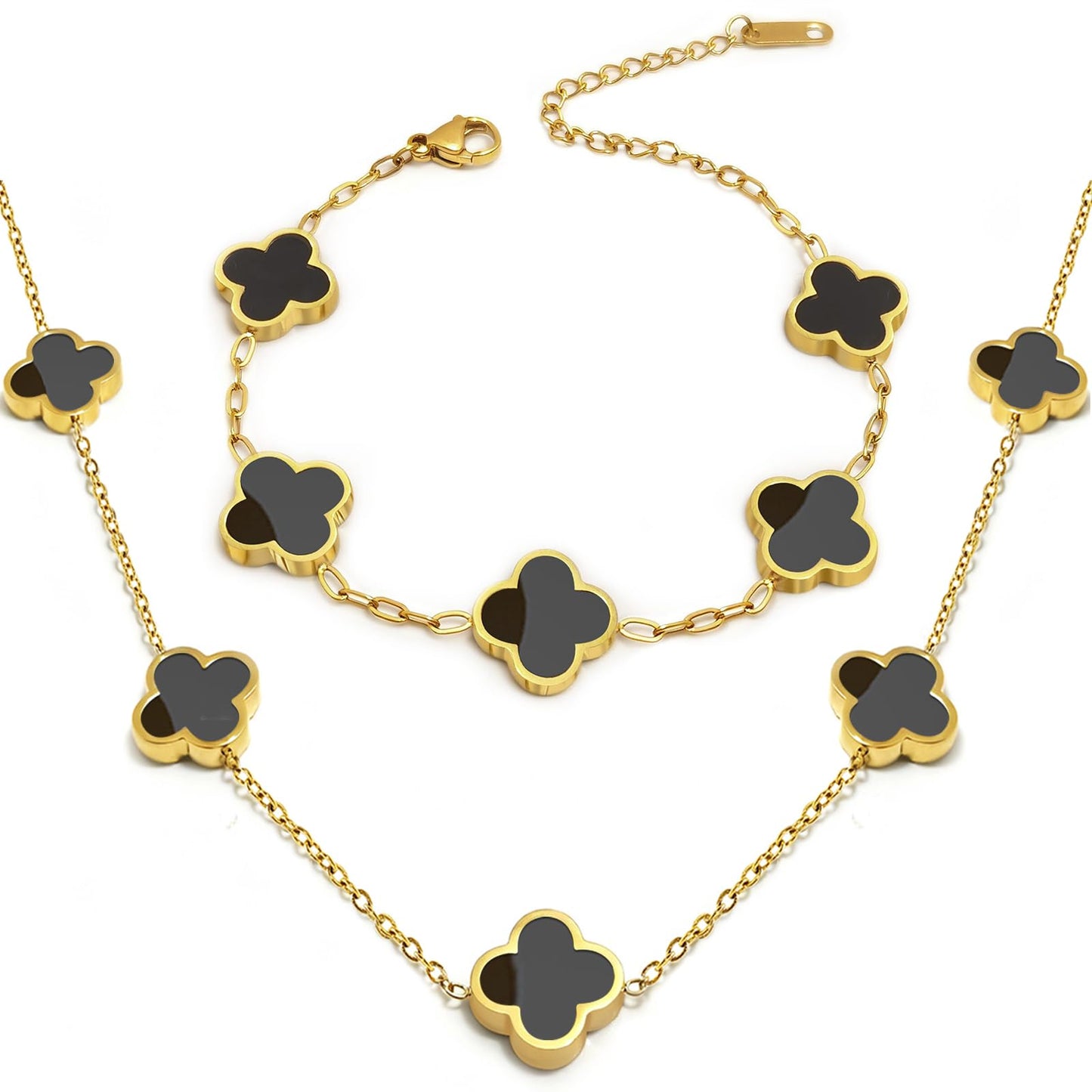 Aimétte Monette 18K Gold Plated Jewelry Set, Clover Necklace and Clover Bracelets Set, Women's Hypoallergenic Black Gold Lucky Clover Bracelet and Necklace Fashion Gifts for Women Trendy