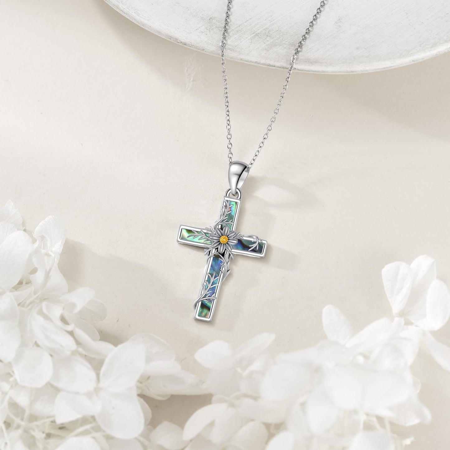 YFN Cosmos Cross Necklace Sterling Silver Flower Cross Pendant Abalone Shell Jewelry Religious Christian Baptism Gifts for Her Women