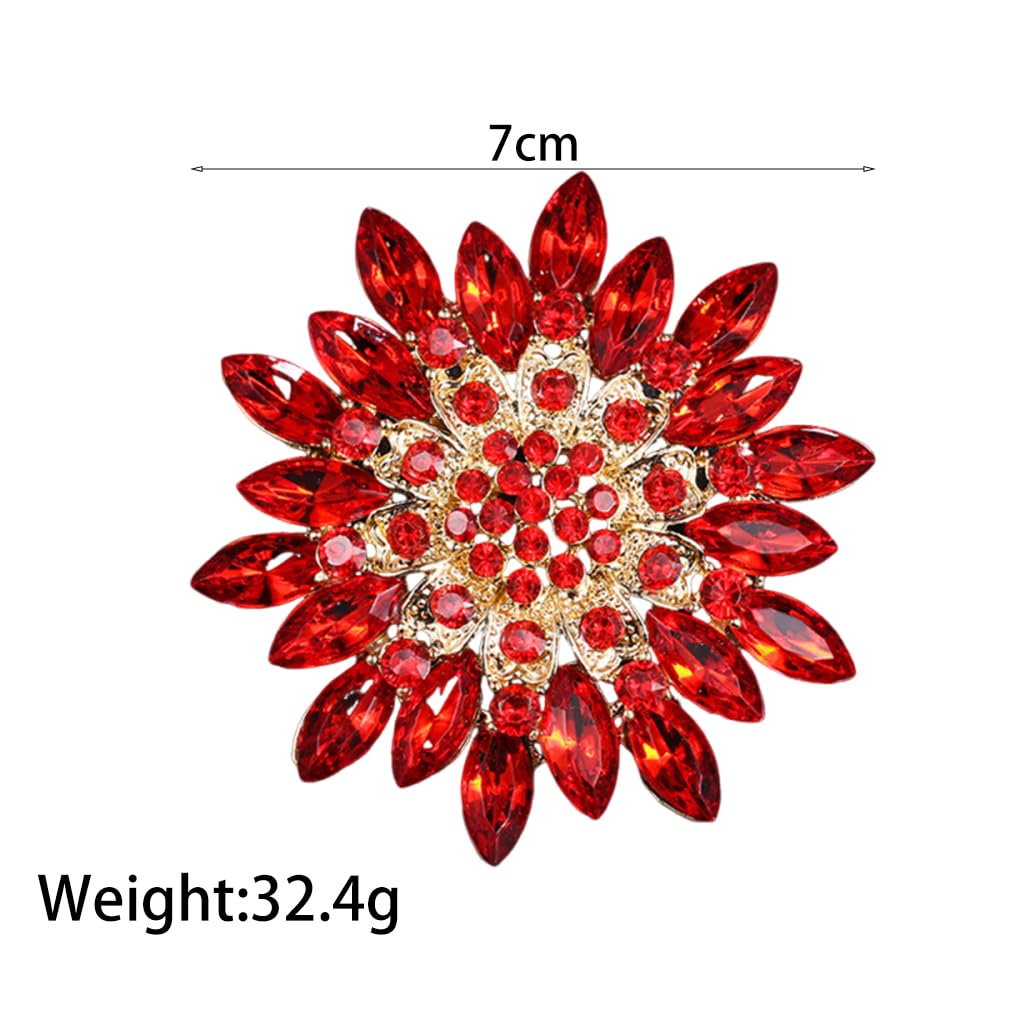 Rhinestone Large Flower Brooches Pins for Women Fashion Sparkly Crystal Sunflower Statement Brooch Wedding Party Suit Dress Formal Jewelry Accessories (red)