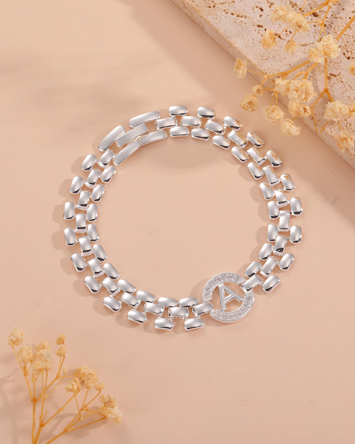 WEDDINEN Initial Bracelet,Silver Letter Bracelets for Women, Thick Bangle Wrist Gold Alphabet Bracelets for Women, Christmas Gifts for Women Jewelry Initial J Charm Chain