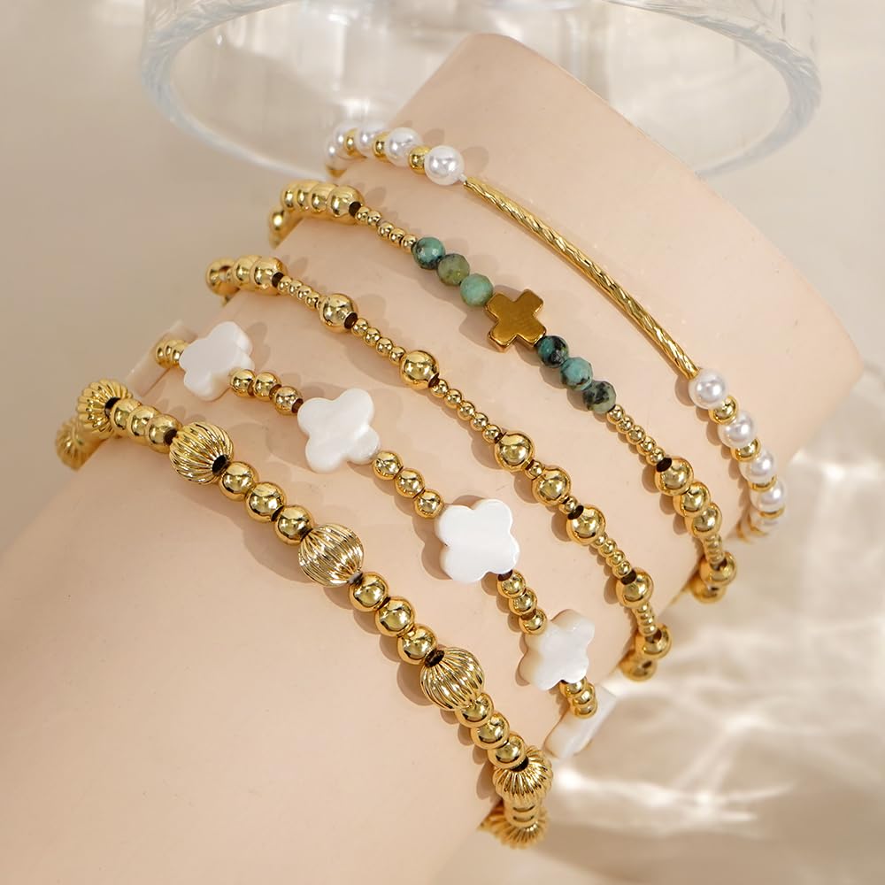SHINUS BOHO Cross Clover Pearl Gold Beaded Bracelet Stack for Women,5PCS Dainty Handmade Boho Gold Plated Latern Beads Stackable Bracelets Set Fashion Prom Holiday Accessories Jewelry Gift Friendship
