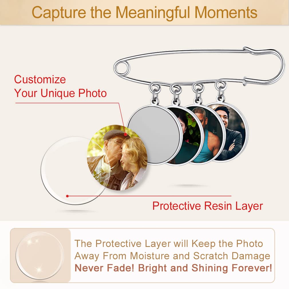 Custom4U Picture Lapel Pins Pack of 4 Memorial Wedding Round Funeral Boutonniere Pin Kit with Photo Groomsmen Gifts Groom