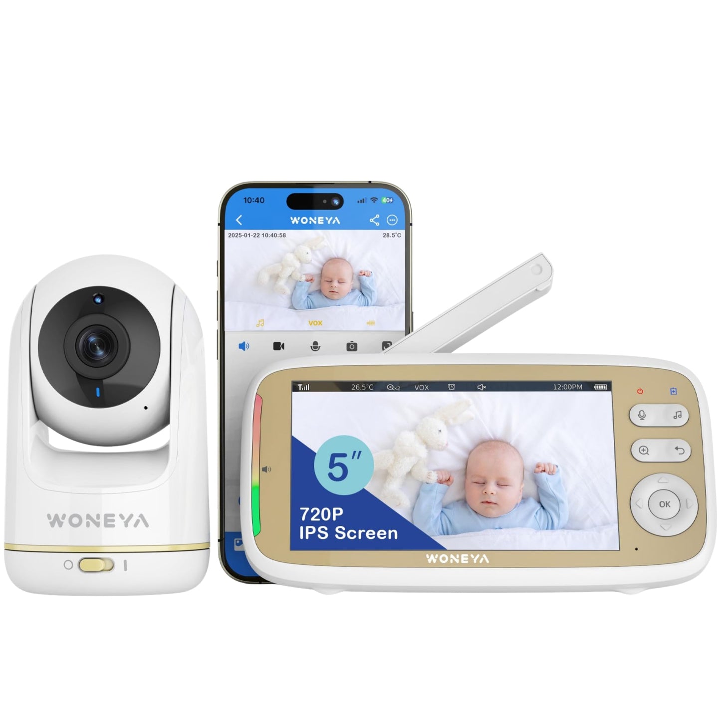 WONEYA Smart Baby Monitor, 5" HD IPS Screen, 1500ft Long Range, 48 Hours Battery, White Noises & Lullabies, 2K HD Camera, Customizable Safe Zones, Motion Detection, VOX, Free Secure Phone App