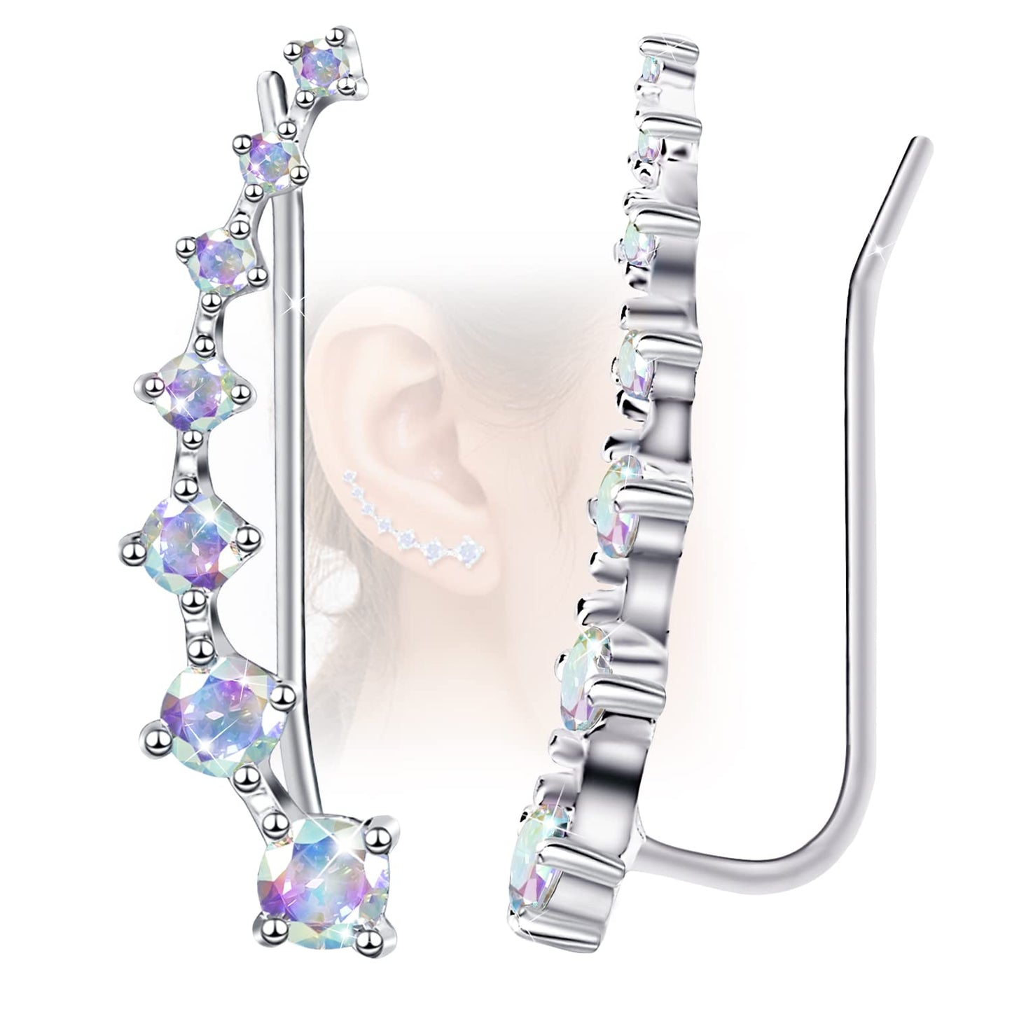 Sterling Silver 7 Crystals Ear Cuffs Climber Cartilage Earrings Dainty Trendy Jewelry Hypoallergenic Fashion Earring Charms Birthday Gift for Women (White Colorful)